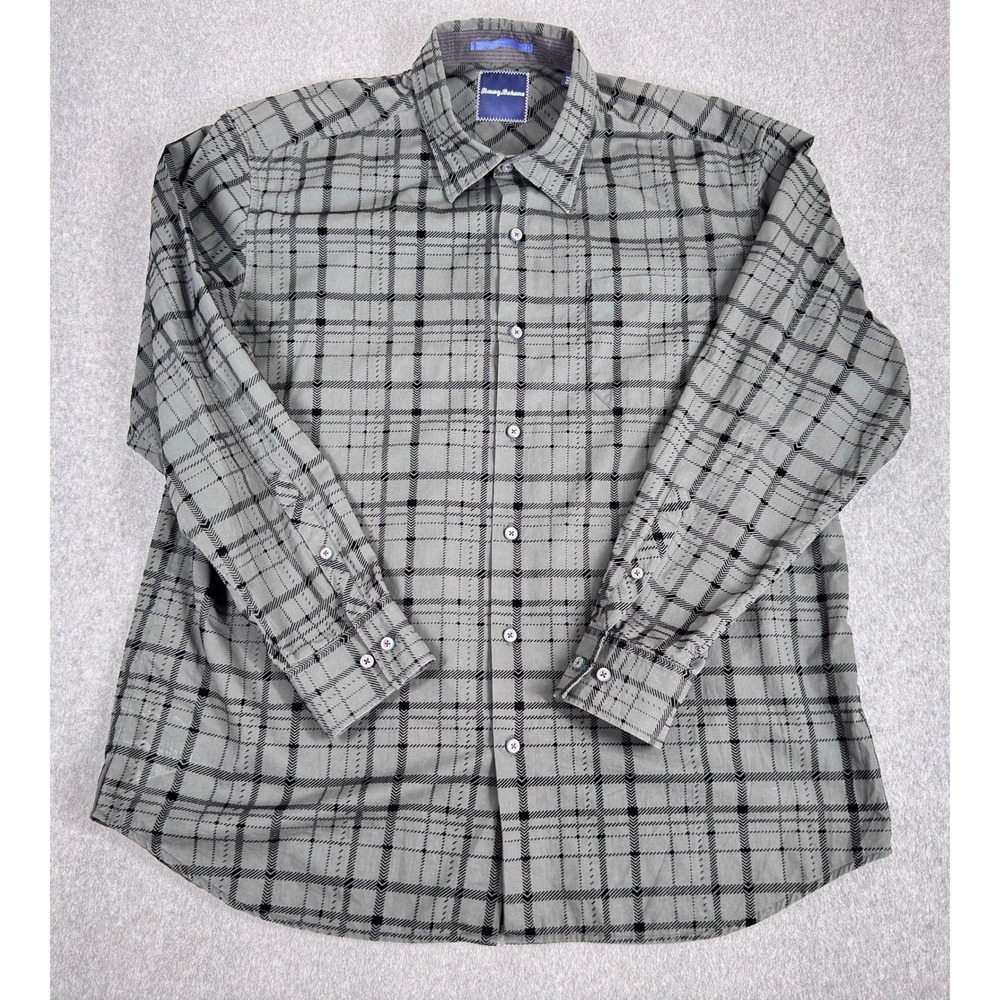 Tommy‎ Bahama Mens XL Gray Plaid Cotton Tencel Blend Button Up Shirt Long Sleeve